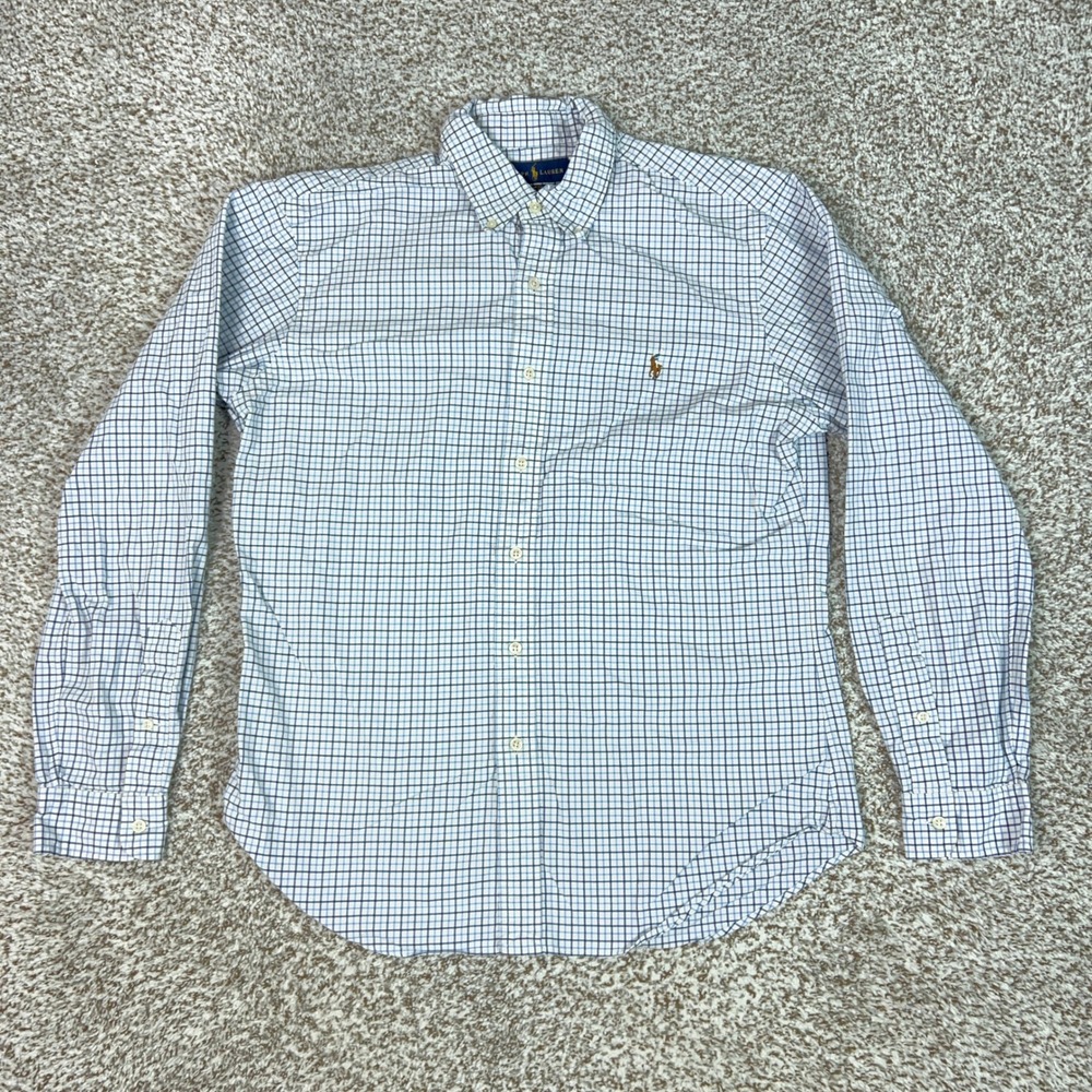 Ralph Lauren Shirt Mens Large Blue Check Slim Fit Stretch Oxford Button Down